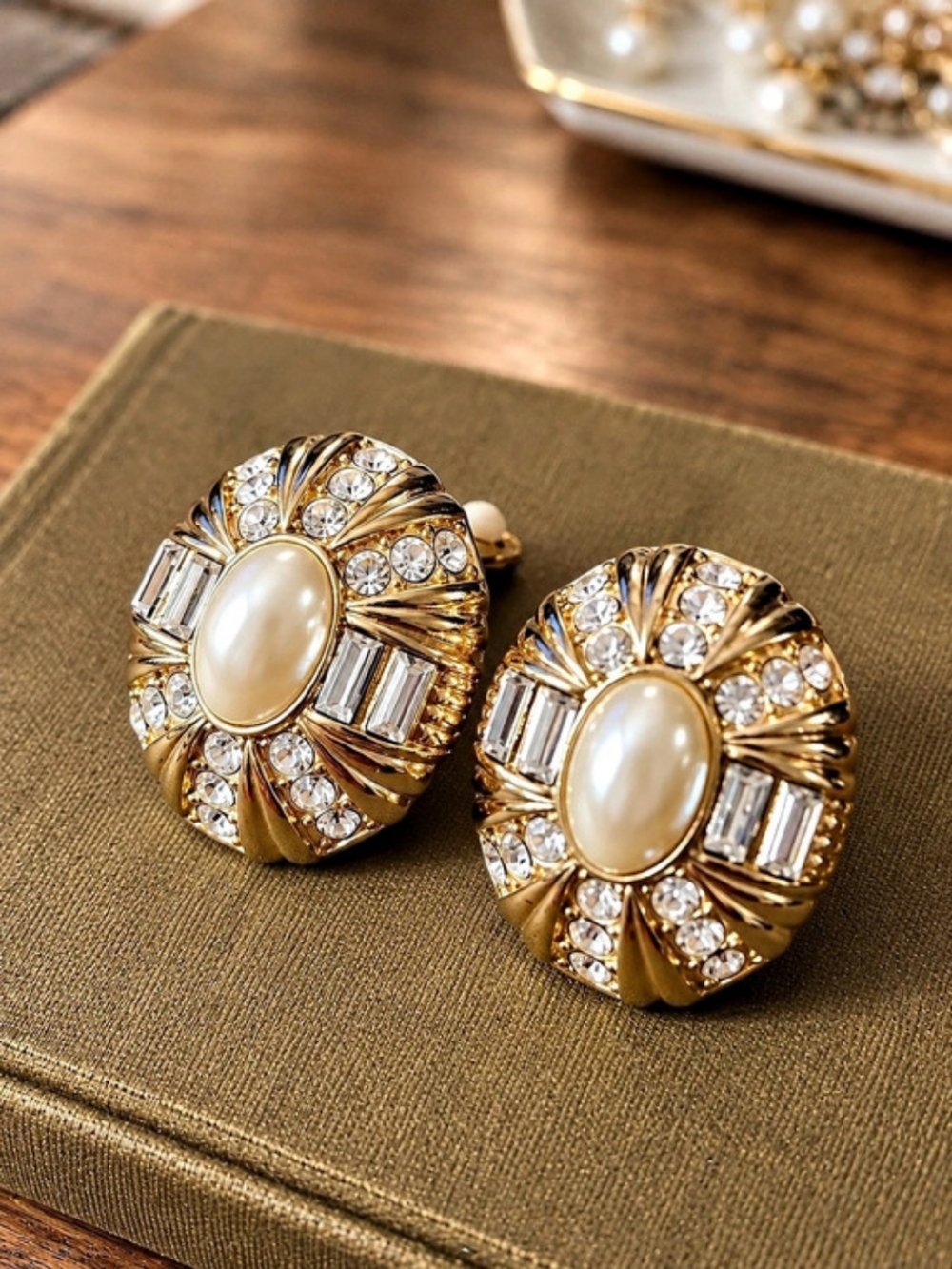 Vintage Gold & White Statement Clip On Earrings